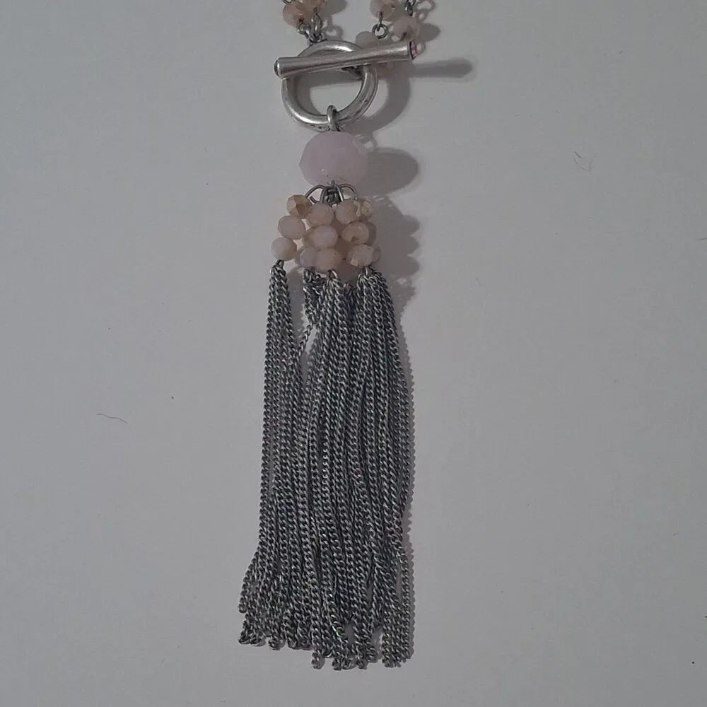 Multi Strand Pink Beaded Silver Tone Chain Tassel Y Drop Lariat Necklace